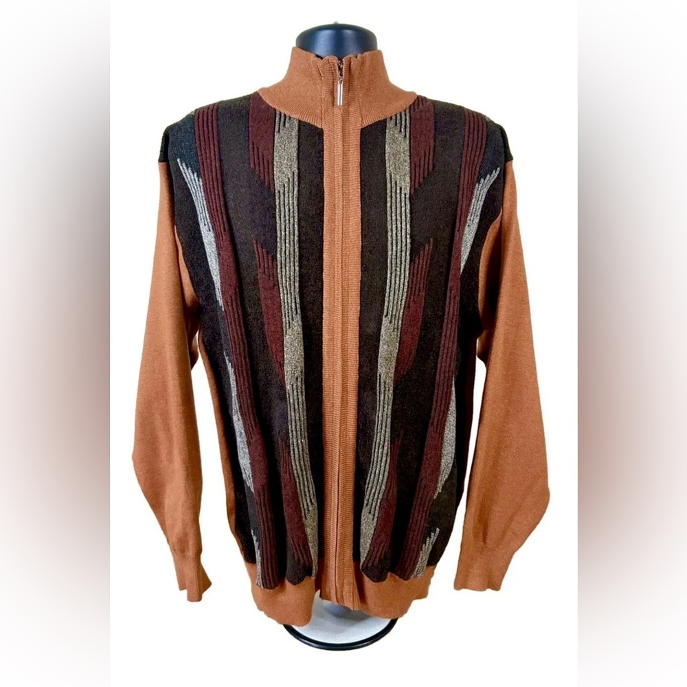 Men's Zip-Up Sweater - Brown Orange Sz XL